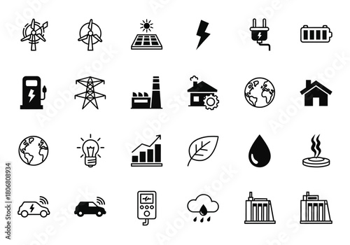 Minimalist icon set of renewable energy, ecology, and power industry symbols. Vector collection for technology and environment themes