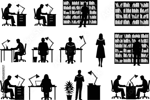 Silhouette vector illustration of people studying, reading, and working at desks and bookshelves in library or office environment, educational workspace theme