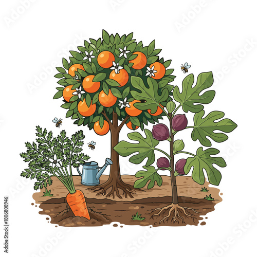 A vibrant illustration showcasing an orange tree, fig plant, and carrot growing in a garden, with bees.