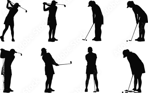 Female golfer silhouette collection showing various golf swing, putting and stance positions, professional sports illustration set for fitness, training and design themes