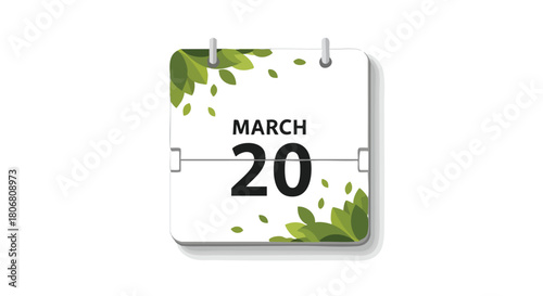 Spring Equinox Celebration: A Calendar Displaying March 20th with Green Leaf Adornments signifiing the arrival of the vibrant season