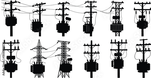 Vector Silhouette Collection of Utility Poles, Electrical Transformers and High Voltage Transmission Towers for Power Distribution Grid and Energy Infrastructure Design