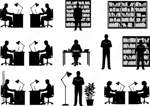 Silhouette vector illustration of people studying, reading, and working at desks and bookshelves in library or office environment, educational workspace collection