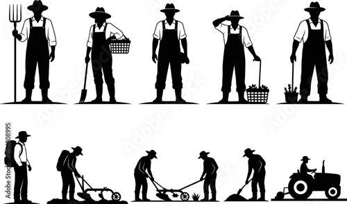 Silhouette vector illustration of farmers working in fields with tools, harvesting crops, planting, plowing soil, rural agriculture labor and farming activities collection