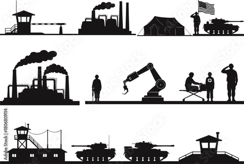 Military base and battlefield silhouette vector illustration featuring tanks, soldiers, factories, watchtowers, tents, and equipment for defense, security operations, war scenes, 