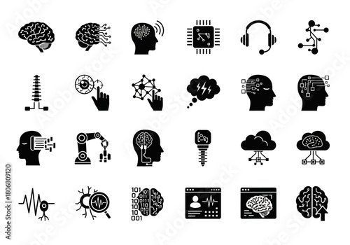 A collection of black glyph icons representing concepts of artificial intelligence, machine learning, and human brain technology