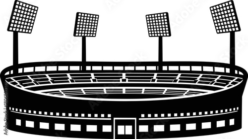 Modern outdoor sports stadium vector illustration featuring bright floodlights, detailed seating arena, architectural design elements, athletic event atmosphere, 