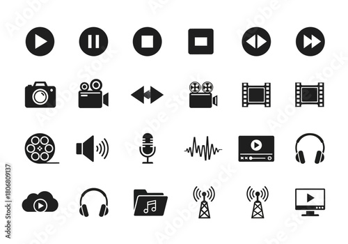 A comprehensive collection of solid black multimedia glyph icons for user interface design, including player controls and recording symbols