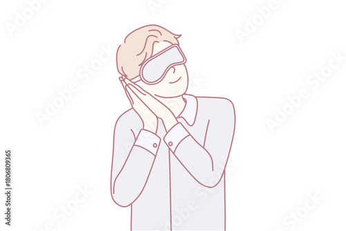 Sleepy man in eye mask ready for daydream or sleep. Happy guy in pajama preparing for nap or bedtime. Relaxation and fatigue. Vector illustration.