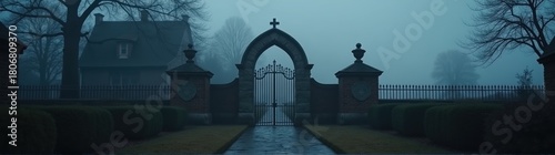 Gate in a foggy park with a fountain