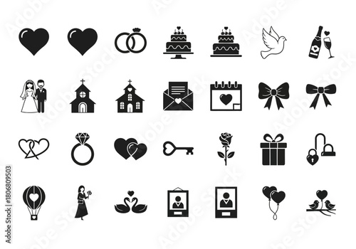 A comprehensive set of minimalist glyph wedding icons representing love, marriage, and romantic celebration symbols. Vector collection for design