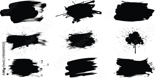 Set of nine black grunge brush strokes isolated on white background for design use
