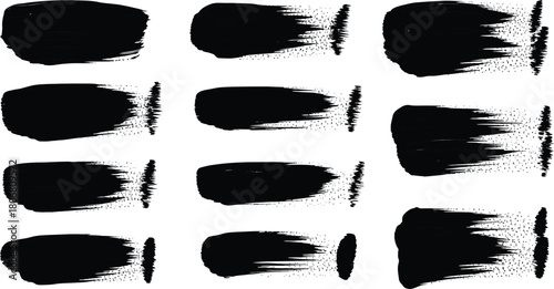 Collection of twelve black grunge brush strokes isolated on white background for design