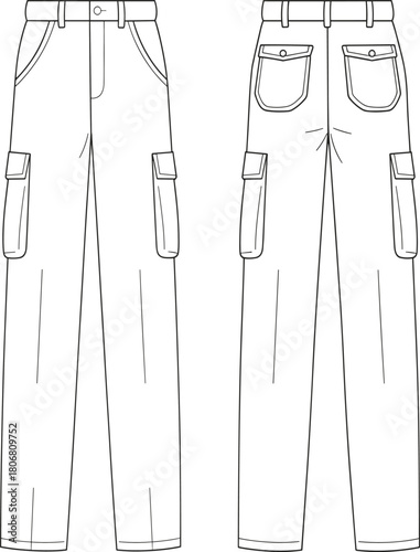 Cargo pants flat sketch, flap pocket detail, straight-leg cut, technical fashion drawing, front and back view, garment template, vector