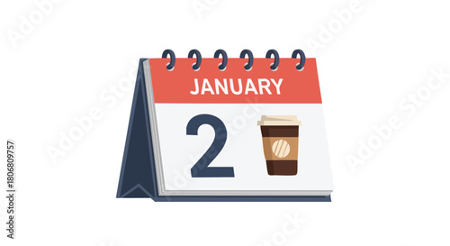 January 2nd calendar icon with coffee cup illustration for daily routine reminder, flat style symbol of a date, minimal design, and time management