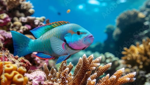 Fototapeta Naklejka Na Ścianę i Meble -  A vibrant parrotfish swims among colorful coral reefs in a clear, blue ocean environment.