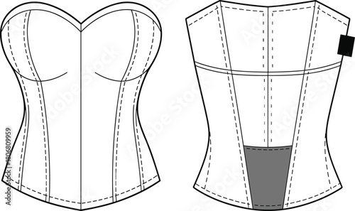 Corset technical drawing, fashion flat sketch, garment construction, structured silhouette, sweetheart neckline, back panel detail, sewing pattern, apparel design
