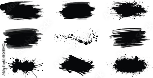 Collection of nine black ink brush strokes isolated on white background for design use