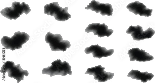 Collection of twelve black ink blots isolated on white background for artistic design