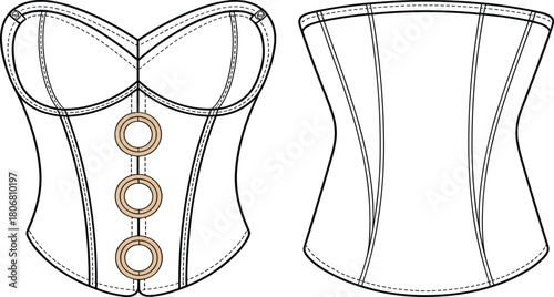 Corset top fashion sketch, technical garment drawing, sweetheart neckline, structured cups, apparel template, flat sketch, clothing design illustration