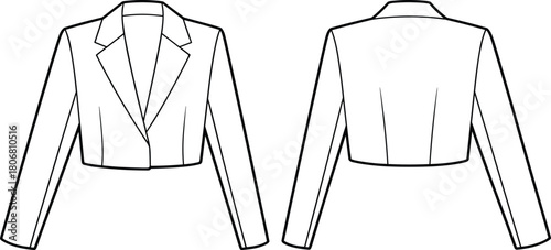 Cropped blazer fashion sketch, technical garment drawing, notched lapel collar, tailored silhouette, apparel template, flat sketch, clothing design illustration
