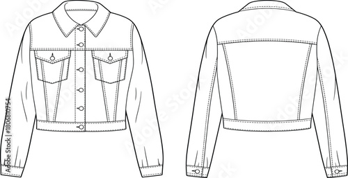 Cropped denim jacket fashion sketch, technical garment drawing, front and back view, apparel template, flat sketch, clothing design illustration
