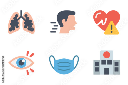 Lung health icons pack, healthy pair, airflow swirl, protection shield, green leaf, stethoscope heart, medical mask, hospital