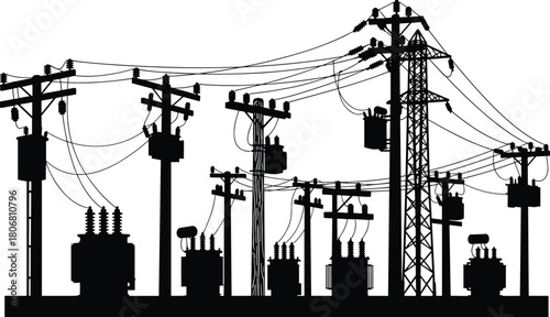 Vector Silhouette Landscape of Electrical Utility Poles, Transformers and Transmission Towers Connected by Power Lines for High Voltage Energy Distribution Grid