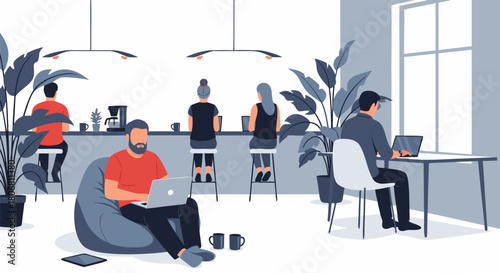 A modern office interior featuring creative people working on laptops. Vector illustration of a shared co-working space with a relaxed atmosphere and plants