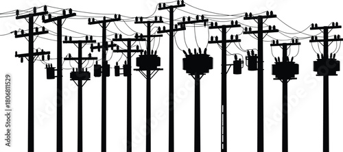 Vector Silhouette Row of Electrical Utility Poles and Transformers with Connected Overhead Power Lines for High Voltage Energy Distribution Grid Infrastructure Design