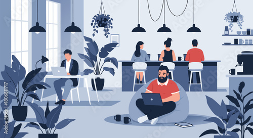 A Modern Co-working Space Filled with Plants and People Working on Laptops and Computers