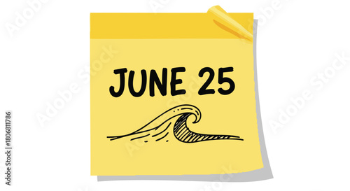 Reminder of the date on a sticky note combined with a hand-drawn sea wave for vacation planning and summer events