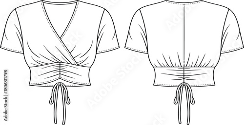 Cropped wrap top fashion sketch, technical garment drawing, V-neckline, tie closure, apparel template, flat sketch, clothing design illustration