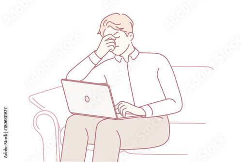 Unhealthy man sit on sofa work on computer suffer from headache. Unwell tired male with laptop struggle with overwork or health problems. Vector illustration.