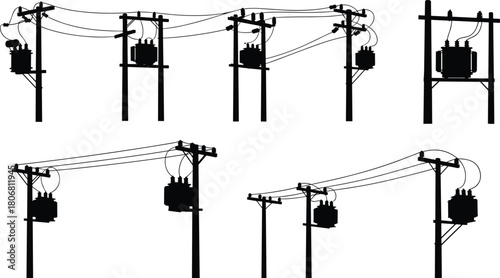 Vector Silhouette Set of Connected Utility Poles and Electrical Transformers with Overhead Power Lines for High Voltage Energy Distribution Grid