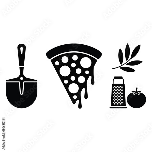 Black silhouette icons of pizza slice grater tomato olive branch and pizza peel pizza slice icon melted cheese