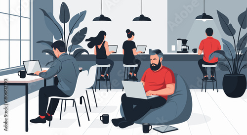 A bustling modern co-working space with diverse people working on laptops in a creative, open-plan office environment. Flat vector illustration