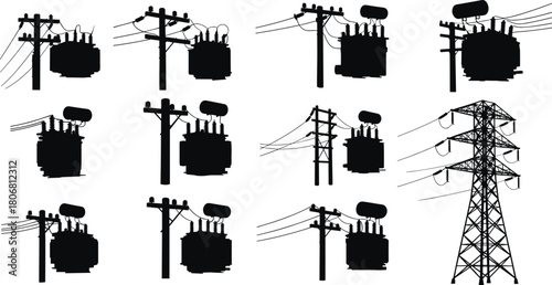 Vector Silhouette Set of Connected Utility Poles and Transmission Towers with Overhead Power Lines for High Voltage Energy Distribution Grid Infrastructure
