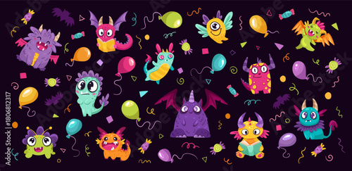 Cute Little Monsters set with different eyes, wings, horns. Cheerful happy face emotions. Children hand drawn vector illustration for baby shower party, room design and card templates