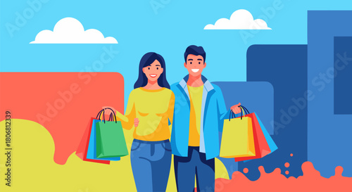 Happy couple shopping together with colorful bags, enjoying leisure time and urban lifestyle outdoors