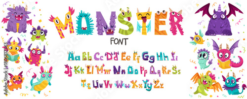 Little cute monster alphabet for baby design with funny cartoon letters for children. Kawaii font with numbers for invitation, greeting card, kindergarten banner. Vector hand drawn illustration