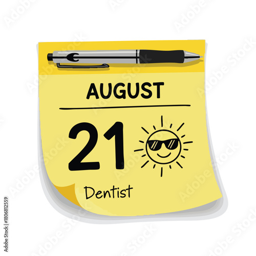 August 21st appointment reminder with playful sun illustration and pen on yellow notepad for desktop schedule planning