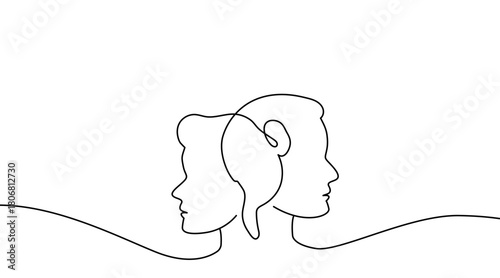 Continuous one line drawing of a couple’s faces gently facing each other. Minimalist abstract portrait illustrating love, connection, and intimacy in a single unbroken stroke. Vector illustration.