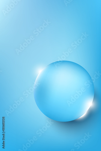 Abstract blue 3D glass sphere on vertical gradient background with copy space