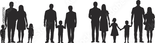 Family silhouette vector illustration set, parents with children holding hands, mother father son and daughter standing together