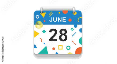 Vibrant June 28th Calendar Illustration with Geometric Shapes and Modern Design Elements