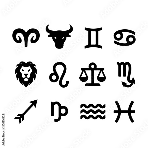 A minimalist vector set of 12 black zodiac sign silhouettes: Aries to Pisces. Features clean, geometric symbols. Ideal for astrology, branding, and celestial themes.