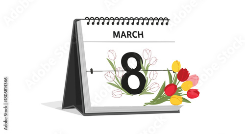 Elegant March 8th calendar page adorned with vibrant tulips symbolizing International Women's Day celebration with floral arrangement expressing