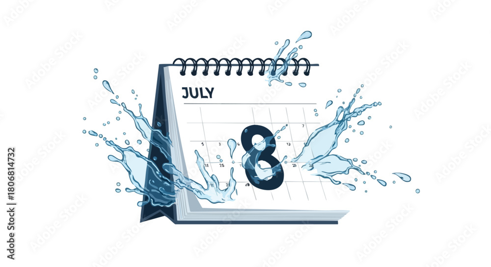 Fototapeta premium Watery date reminder: July 8th stands out amidst a refreshing aquatic splash animation showcasing calendar