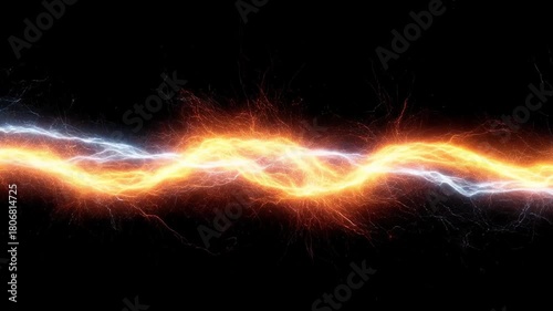 Cinematic Animation  of two entwined lightning bolts surge forth in a spectacular dance, one blazing with fiery amber hues, the other crackling in icy cerulean tones.